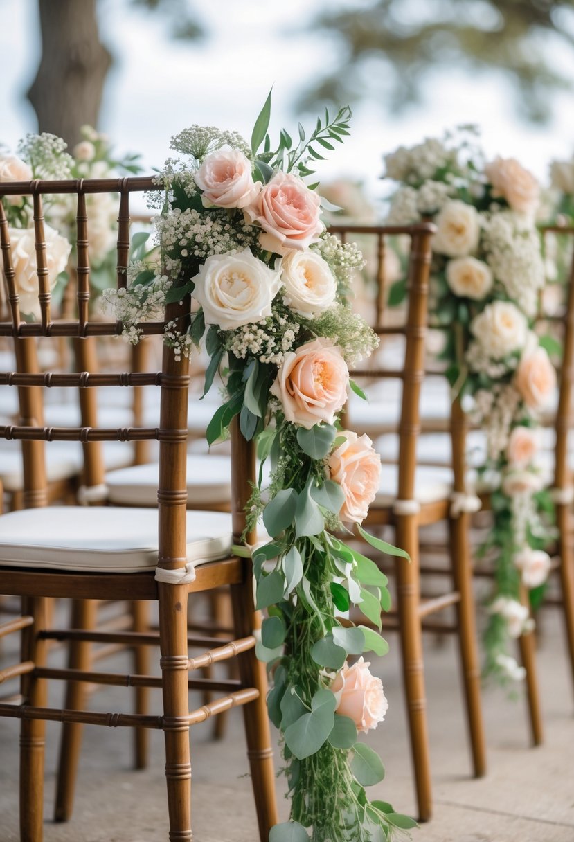 Rows of wedding chairs decorated with floral garlands made of pastel flowers and greenery at an outdoor venue.