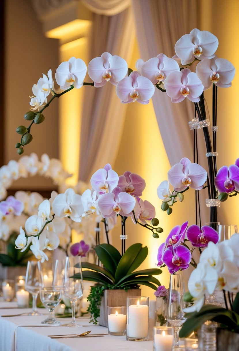 A wedding setup with multiple orchid flower arrangements illuminated by soft yellow lighting.