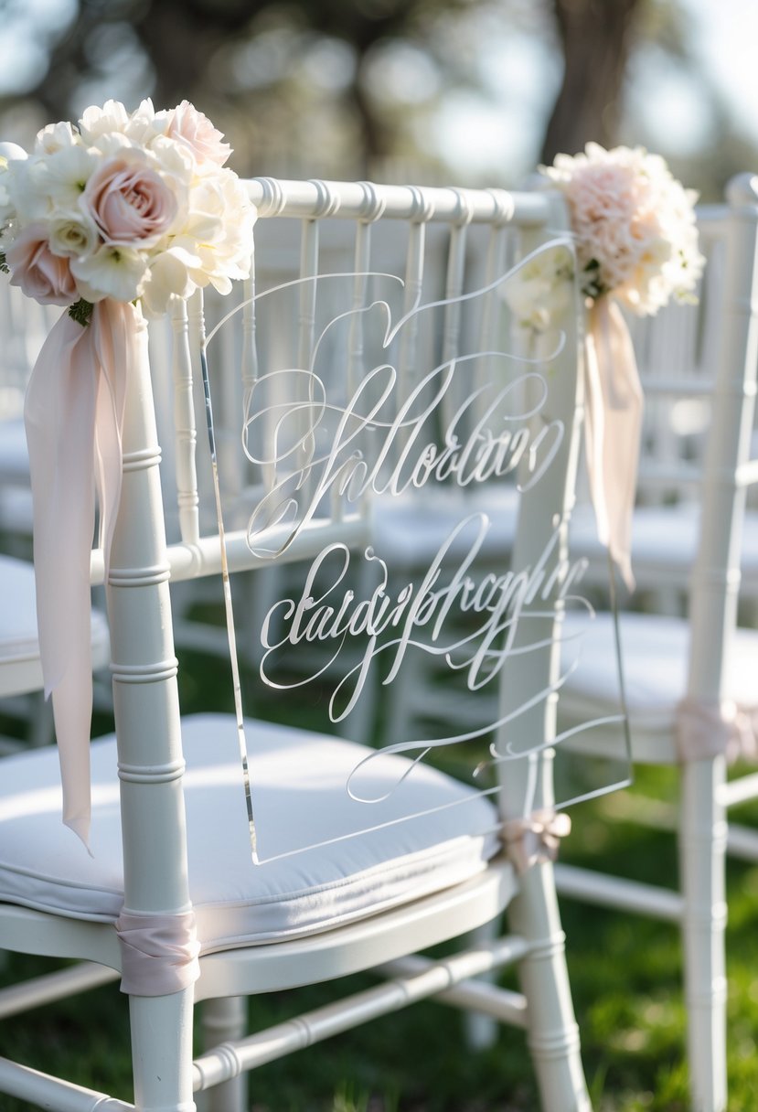 Wedding chairs decorated with transparent mirror acrylic signs featuring elegant calligraphy, arranged in a wedding venue.