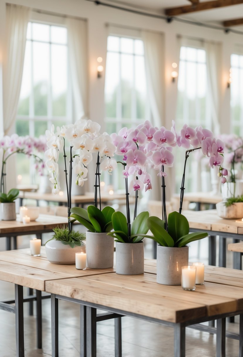 A wedding venue with industrial-style tables decorated with delicate orchid flower arrangements in vases, surrounded by soft natural light and subtle wedding decorations.