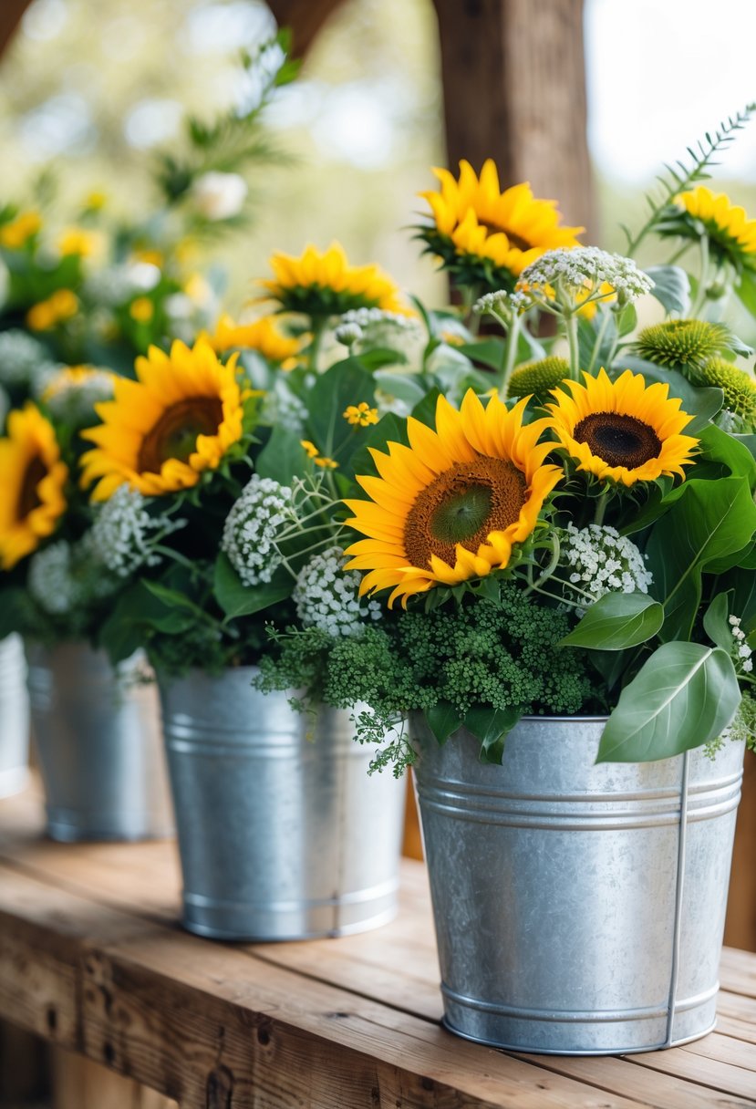 Bright yellow sunflowers and green leaves arranged in metal buckets on a wooden surface.