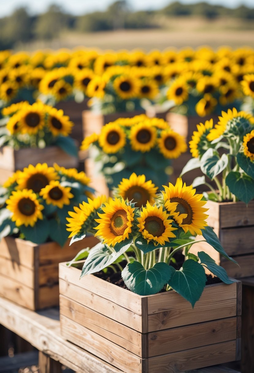 Rustic wooden planter boxes filled with bright sunflowers arranged together outdoors.
