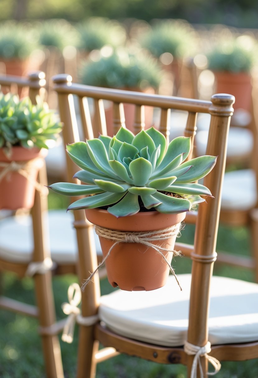 Rows of wedding chairs decorated with small potted succulents tied to the backs outdoors.