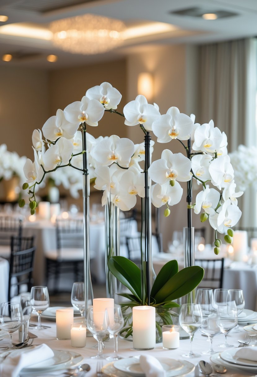 Bright white orchid centerpieces arranged on tables at a modern wedding reception.