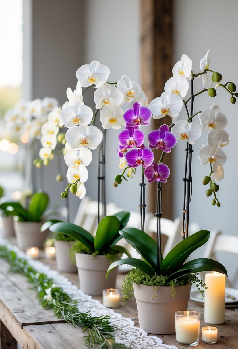 A table decorated with 15 live orchid plants in various colors arranged as wedding decor with candles and greenery.