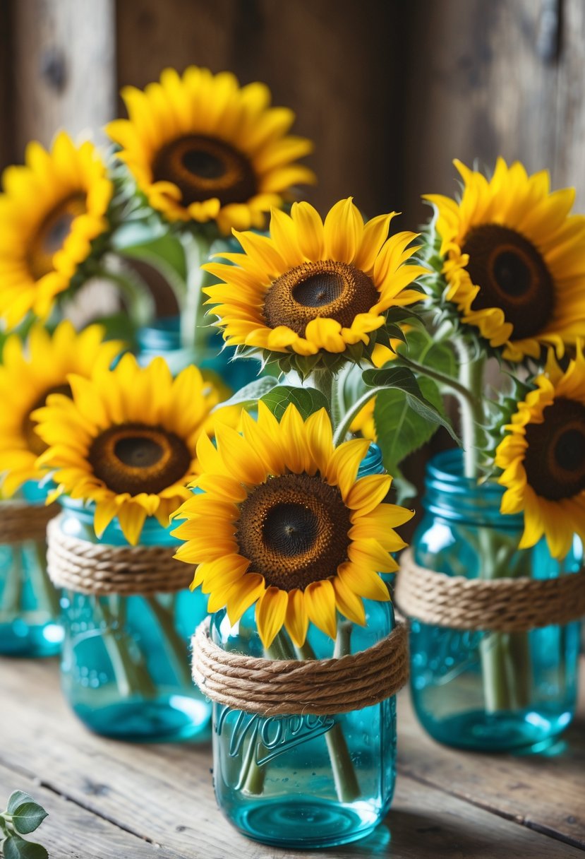 Mason jars decorated with sunflowers and rope accents arranged on a wooden surface.