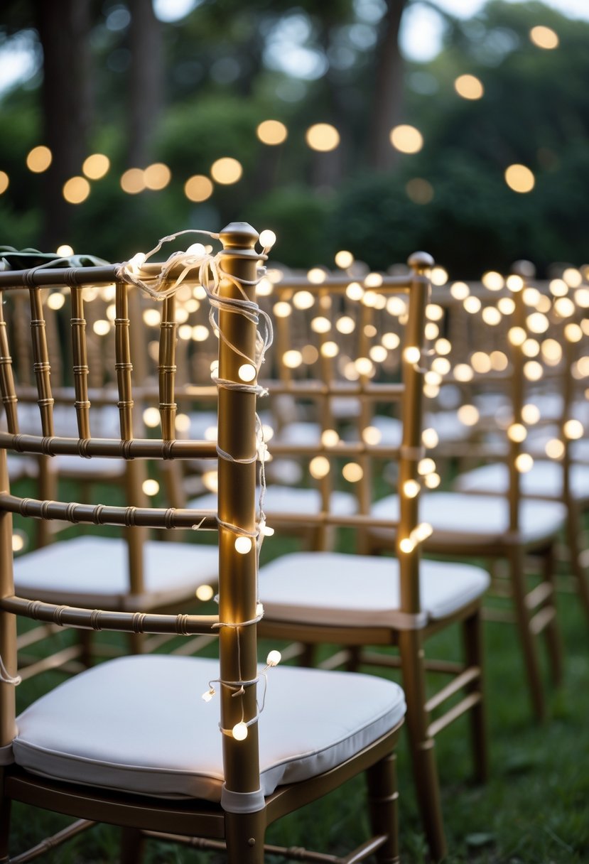 Rows of wedding chairs decorated with white fairy lights wrapped around their backs in an outdoor setting.