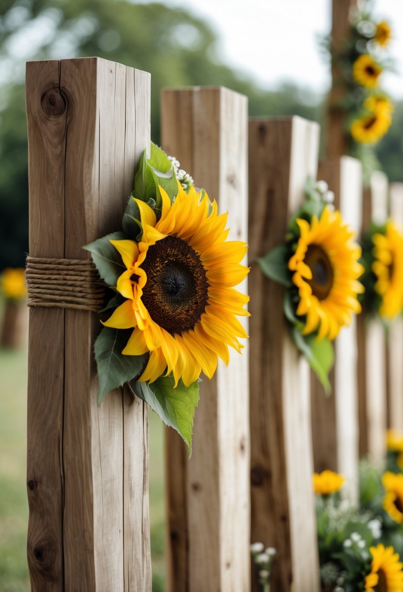 Wooden poles decorated with large sunflowers arranged as aisle markers outdoors with greenery in the background.