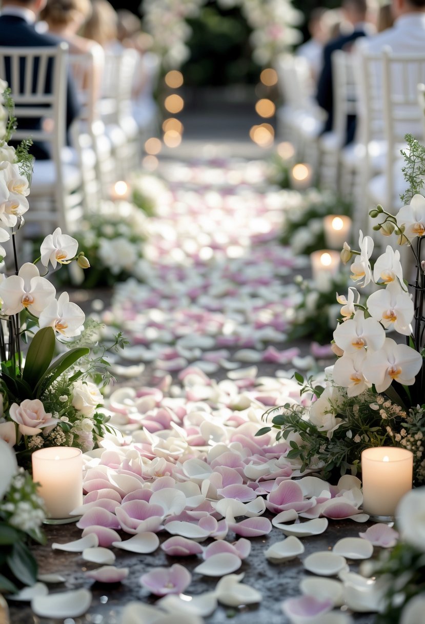 Wedding ceremony aisle decorated with scattered orchid petals and floral arrangements.