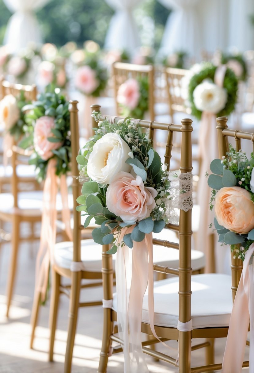 Rows of wedding chairs decorated with silk floral wreaths in various colors and designs.