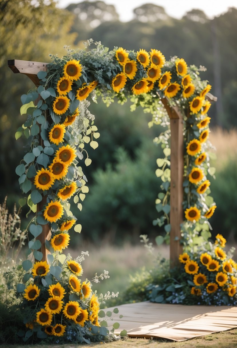 Wedding arch decorated with sunflowers and eucalyptus leaves in an outdoor setting.