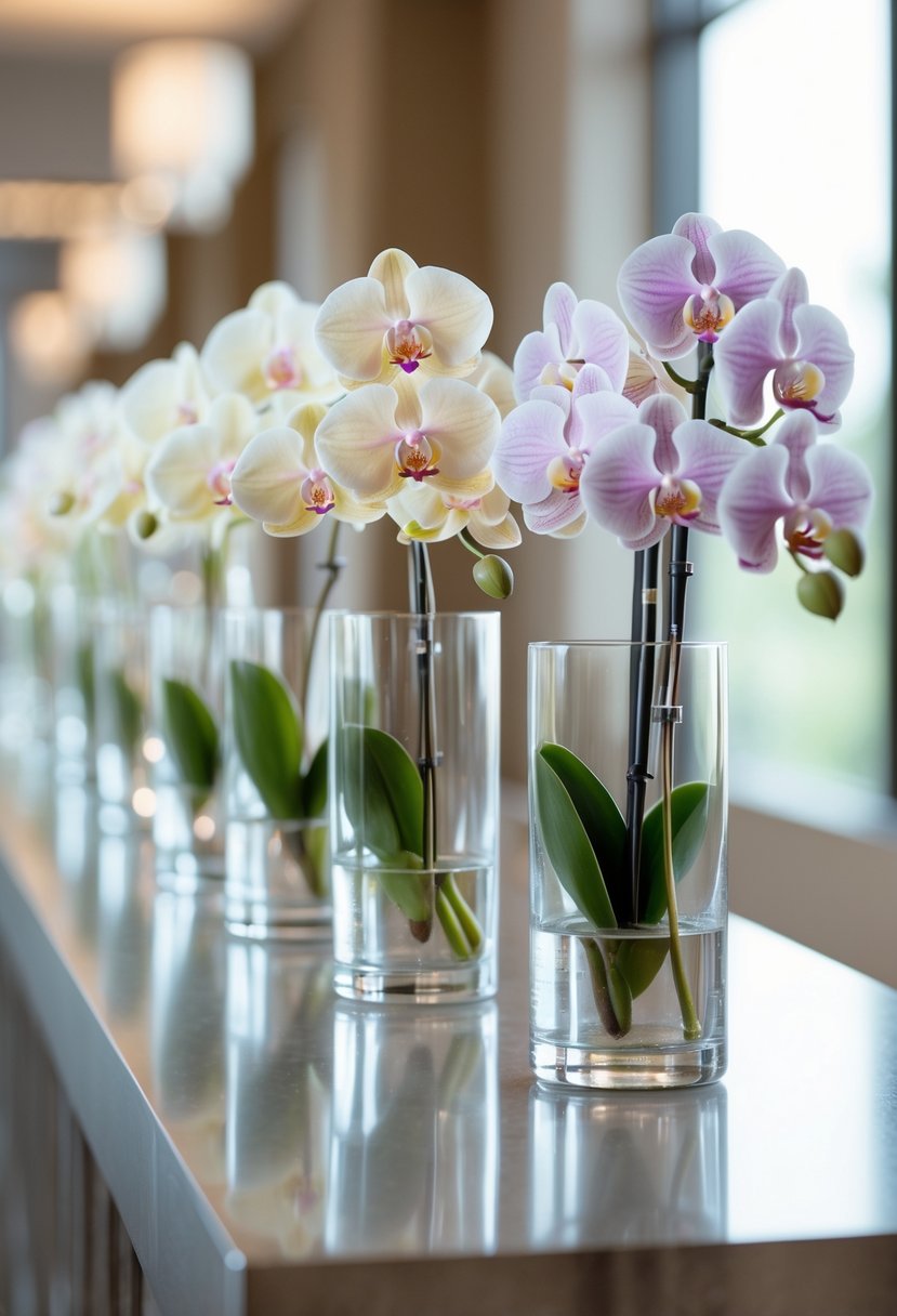 A row of simple orchid bud vases placed along a reception bar with soft lighting.