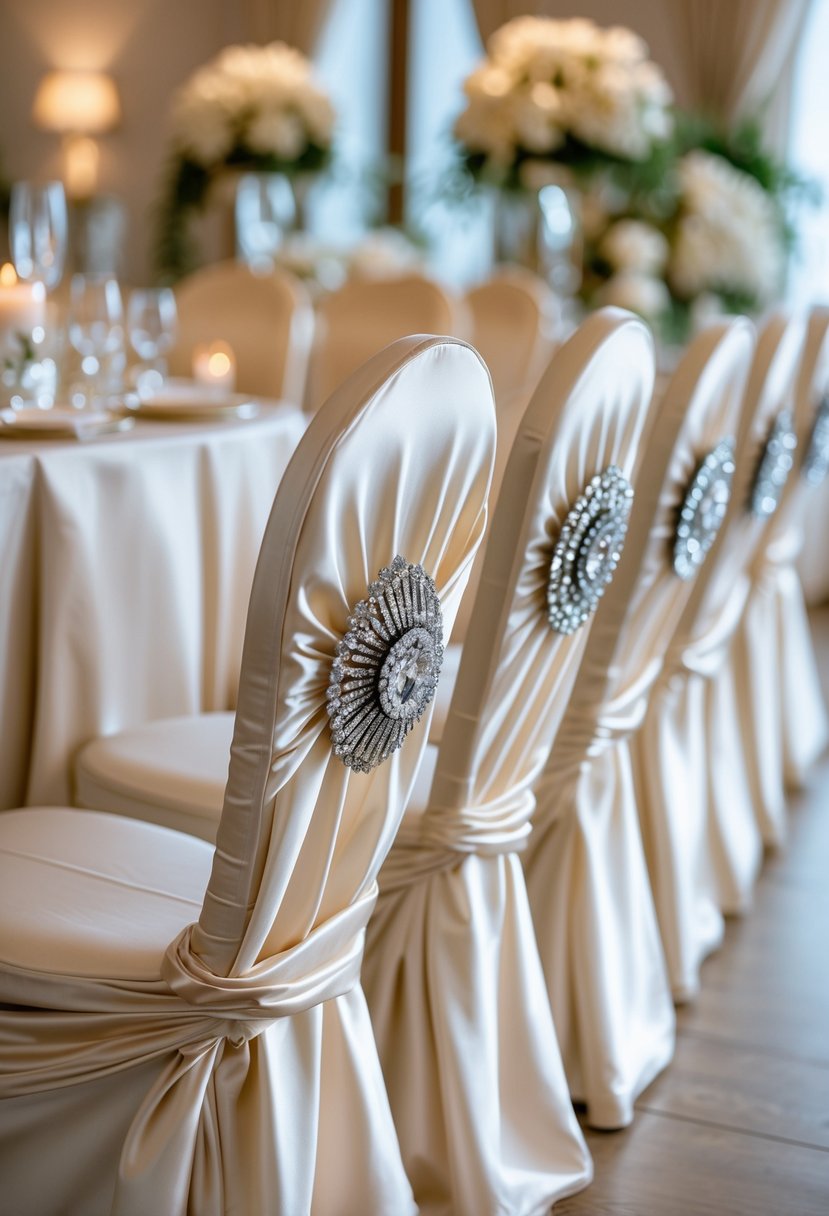 Rows of wedding chairs covered in satin fabric with decorative brooches in a bright wedding venue.