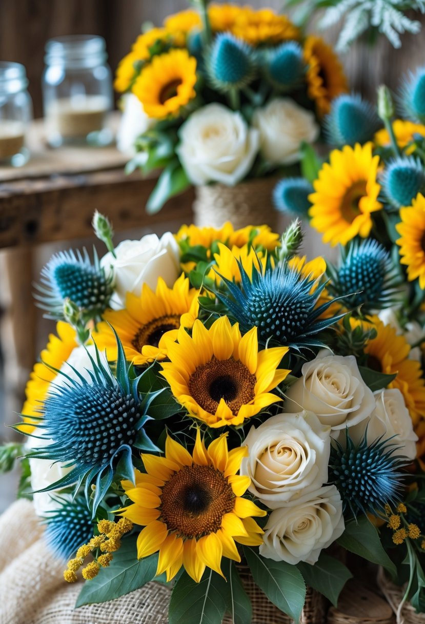 Bouquets of sunflowers, white roses, and blue thistles arranged on a rustic wooden surface with wedding decor accents.