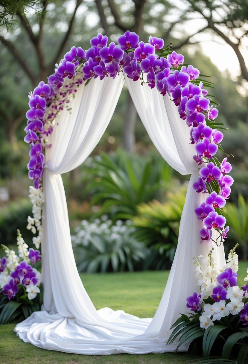 A wedding ceremony arch decorated with white fabric and purple and white orchids in an outdoor garden setting.