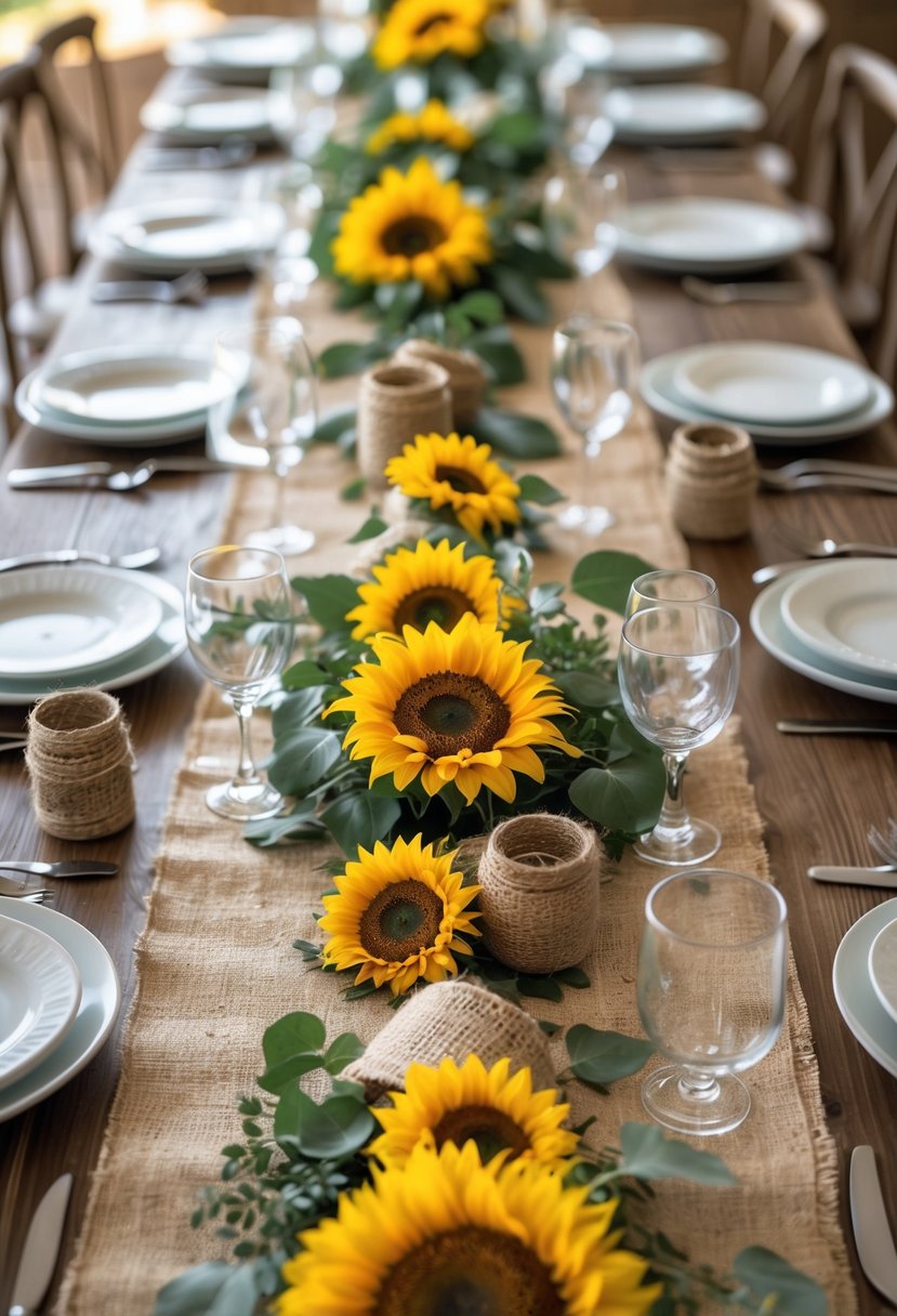 A long wooden table decorated with burlap runners and bright yellow sunflowers, set with plates, glasses, and rustic wedding decor.