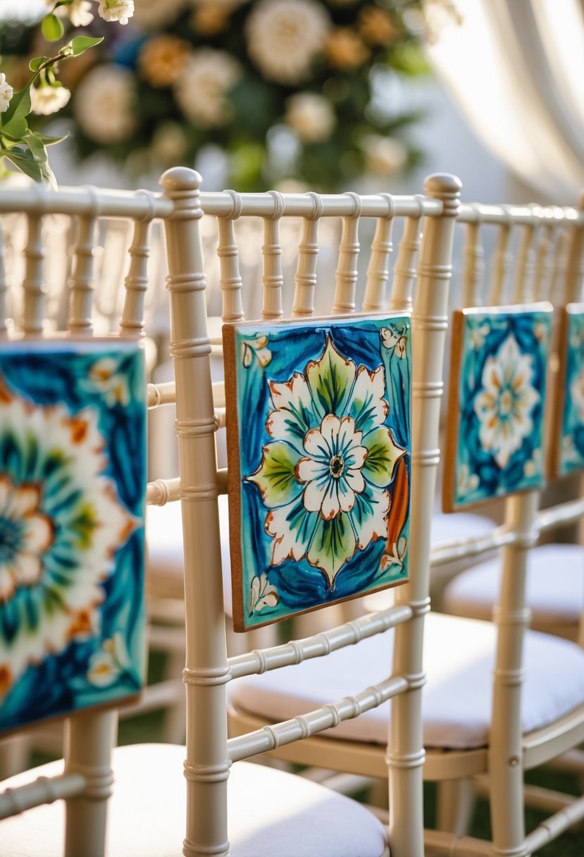 Wedding chairs decorated with colorful hand-painted ceramic tiles attached to the backrests in a bright venue.