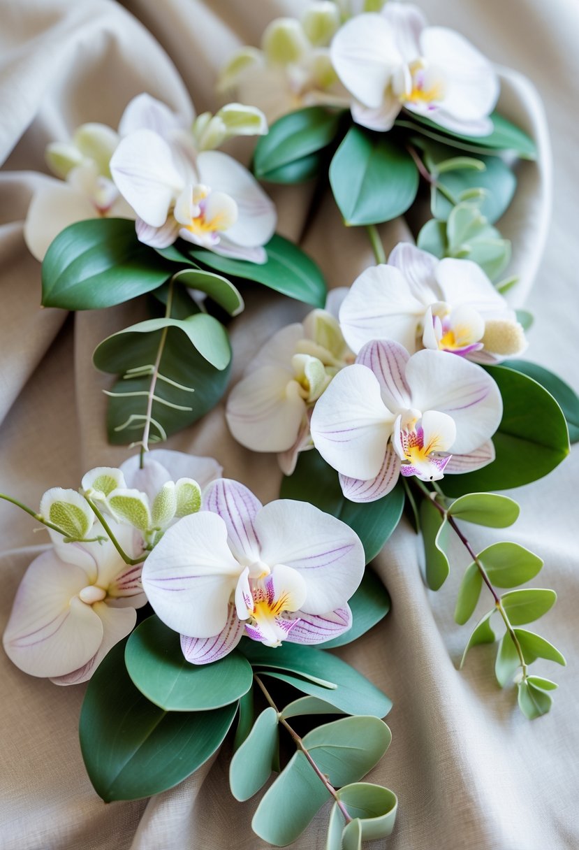 Close-up of orchid boutonnieres accented with eucalyptus leaves arranged on a light fabric background.
