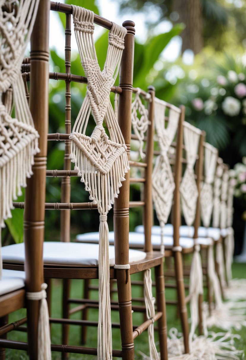 Wedding chairs decorated with detailed macramé hangings arranged outdoors with greenery in the background.