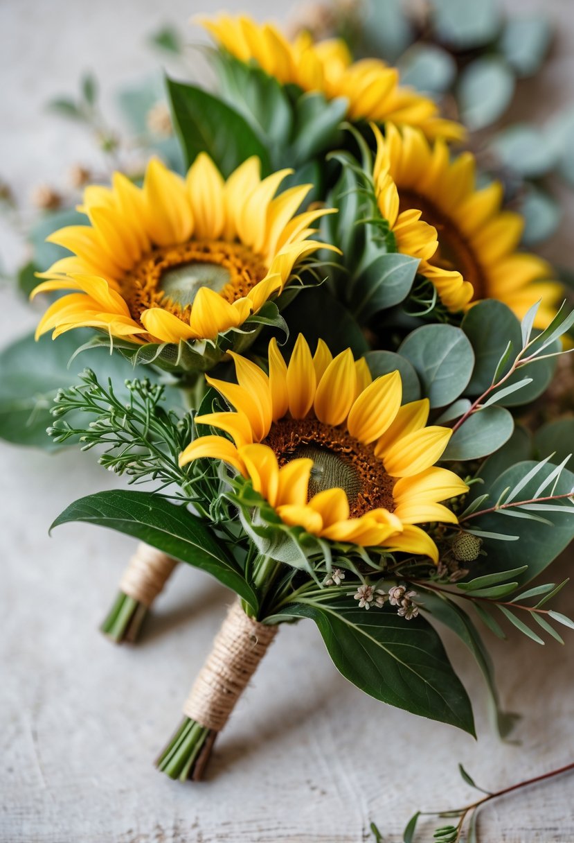 Close-up of sunflower boutonnières paired with green leaves on a neutral background.