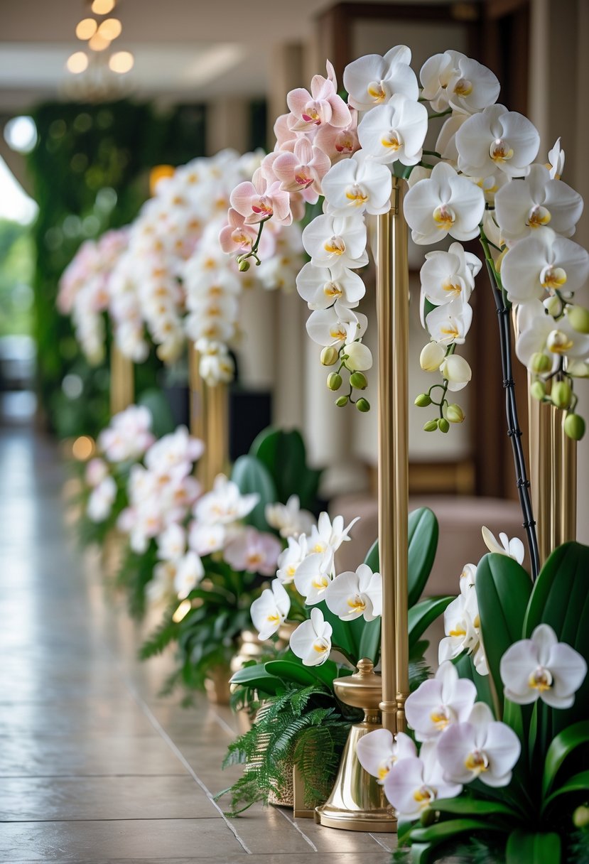 Large orchid floral arrangements decorating the entrance of a wedding venue.