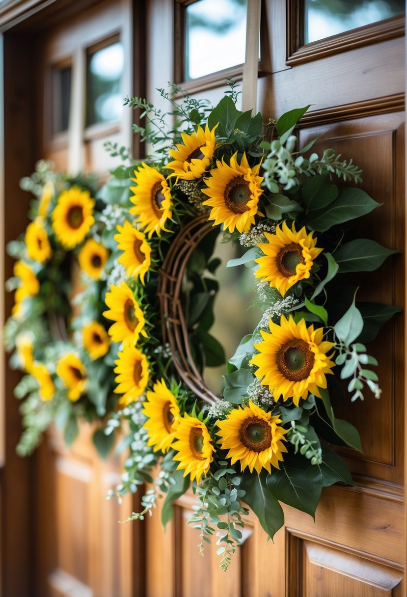 Sunflower wreaths decorated with greenery hanging on reception doors at a wedding venue.