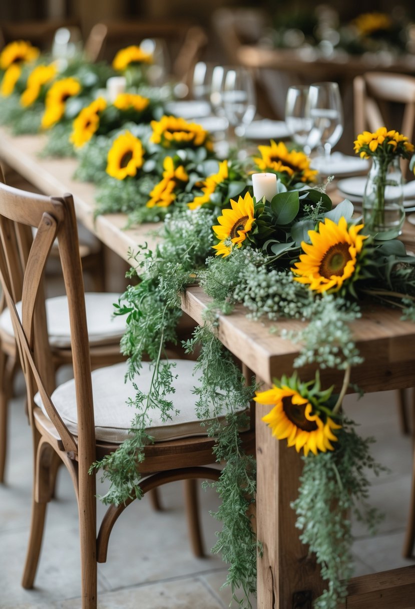 Tables decorated with garlands of sunflowers and green leaves at a wedding reception.