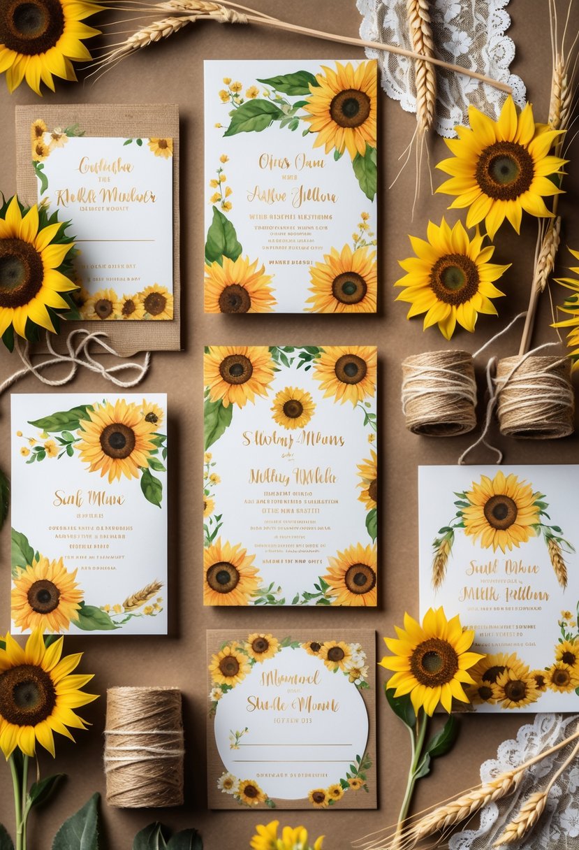A collection of sunflower wedding invitations and rustic wedding decor arranged on kraft paper and wooden surfaces.
