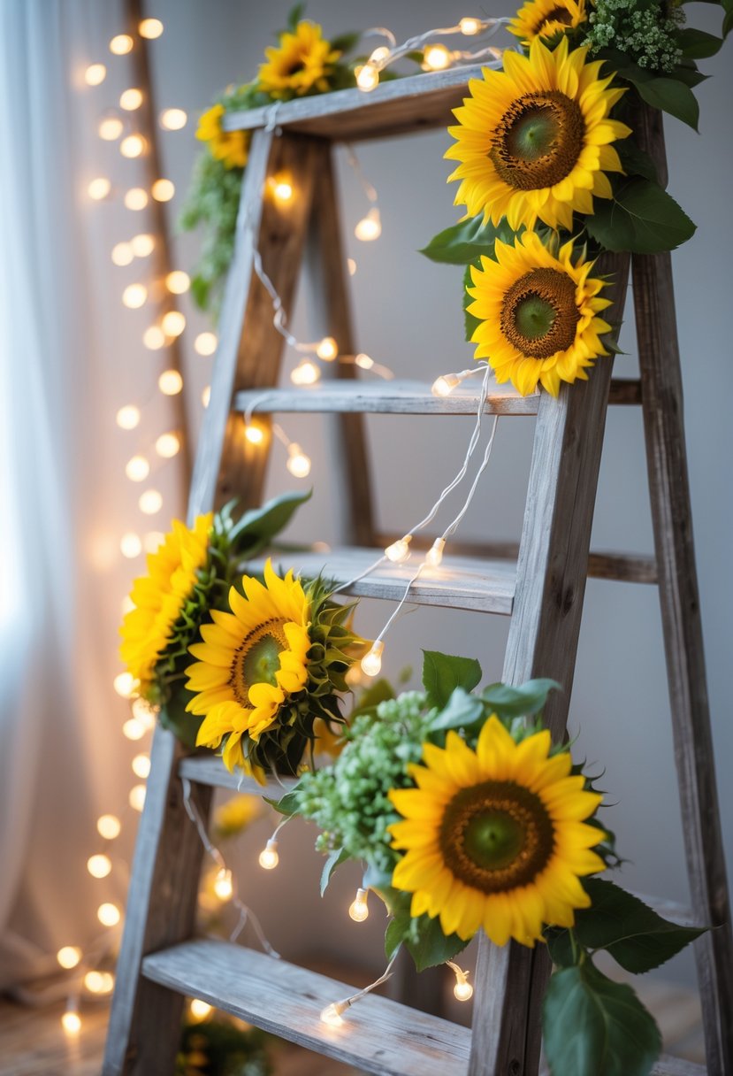 A wooden ladder decorated with sunflowers and fairy lights against a neutral background.