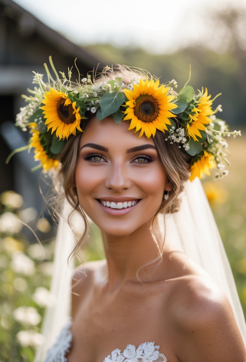 A bride wearing a sunflower floral crown smiling outdoors with rustic wedding decor in the background.