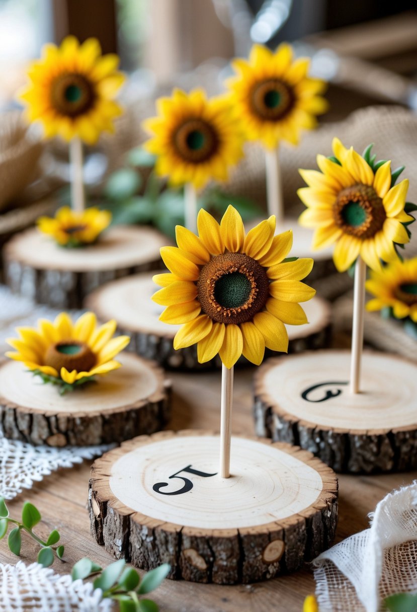 Wooden slices decorated with bright sunflowers arranged on a table with rustic wedding decor.