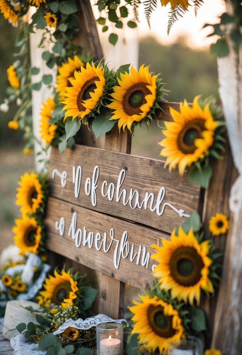 A rustic wooden sign decorated with sunflowers and greenery, set outdoors with a natural background.