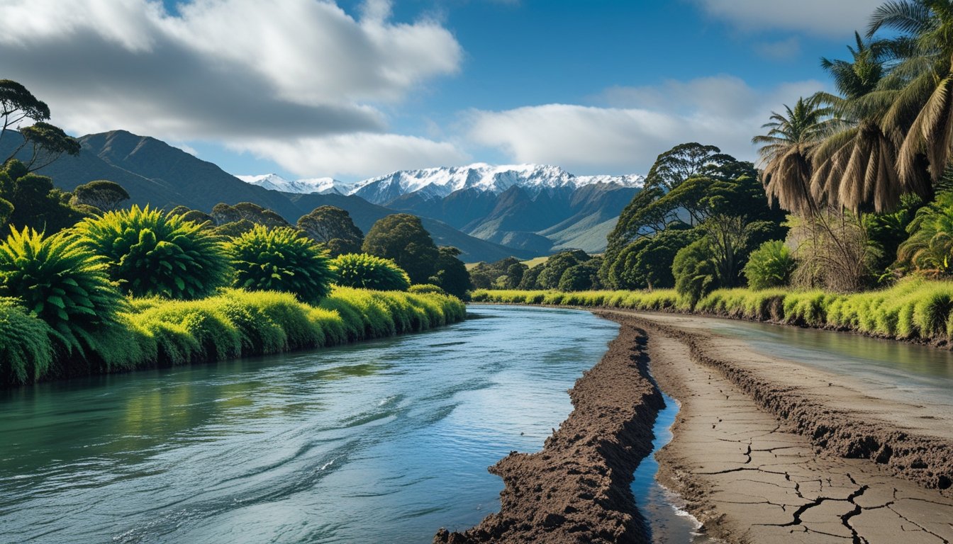 A river flowing through a green forest with mountains in the background, showing healthy vegetation on one side and dry, eroded soil on the other.