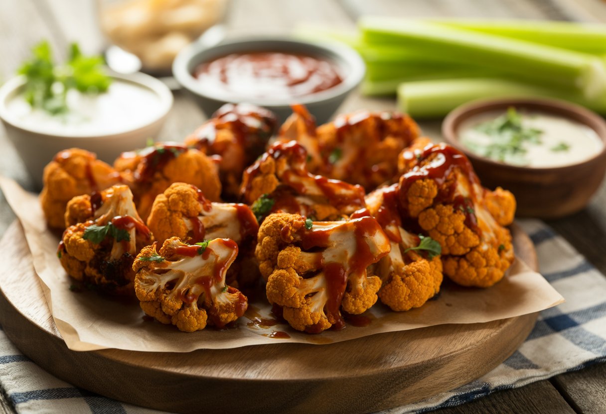 Close-up of smoky BBQ cauliflower wings on a wooden board with dipping sauces and celery sticks.