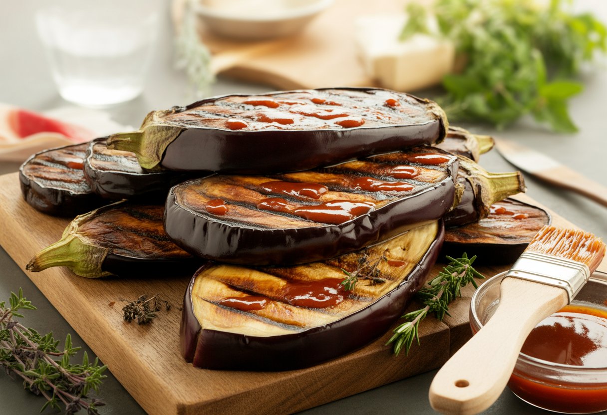 Charred eggplant steaks with BBQ glaze on a wooden cutting board, garnished with fresh herbs and a small bowl of BBQ sauce nearby.