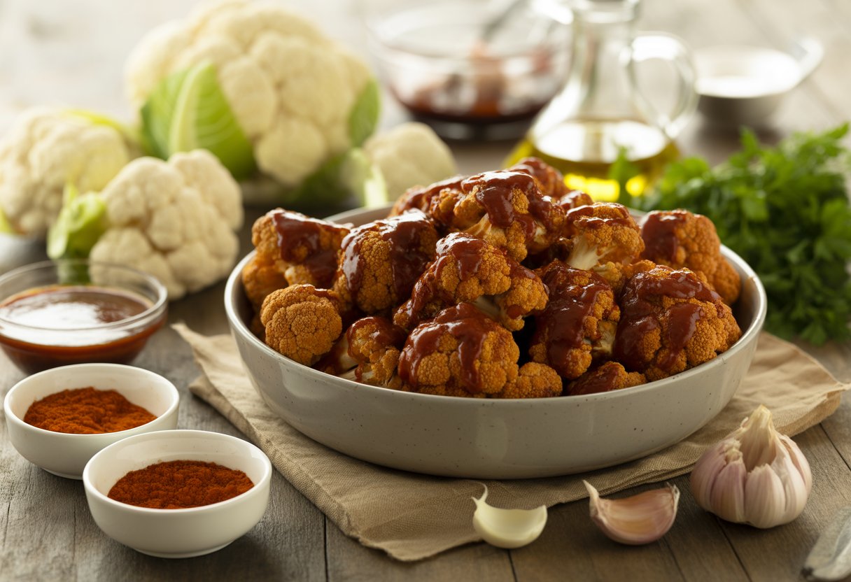 A bowl of smoky BBQ cauliflower wings on a wooden table surrounded by fresh cauliflower, garlic, parsley, and bowls of barbecue sauce and spices.