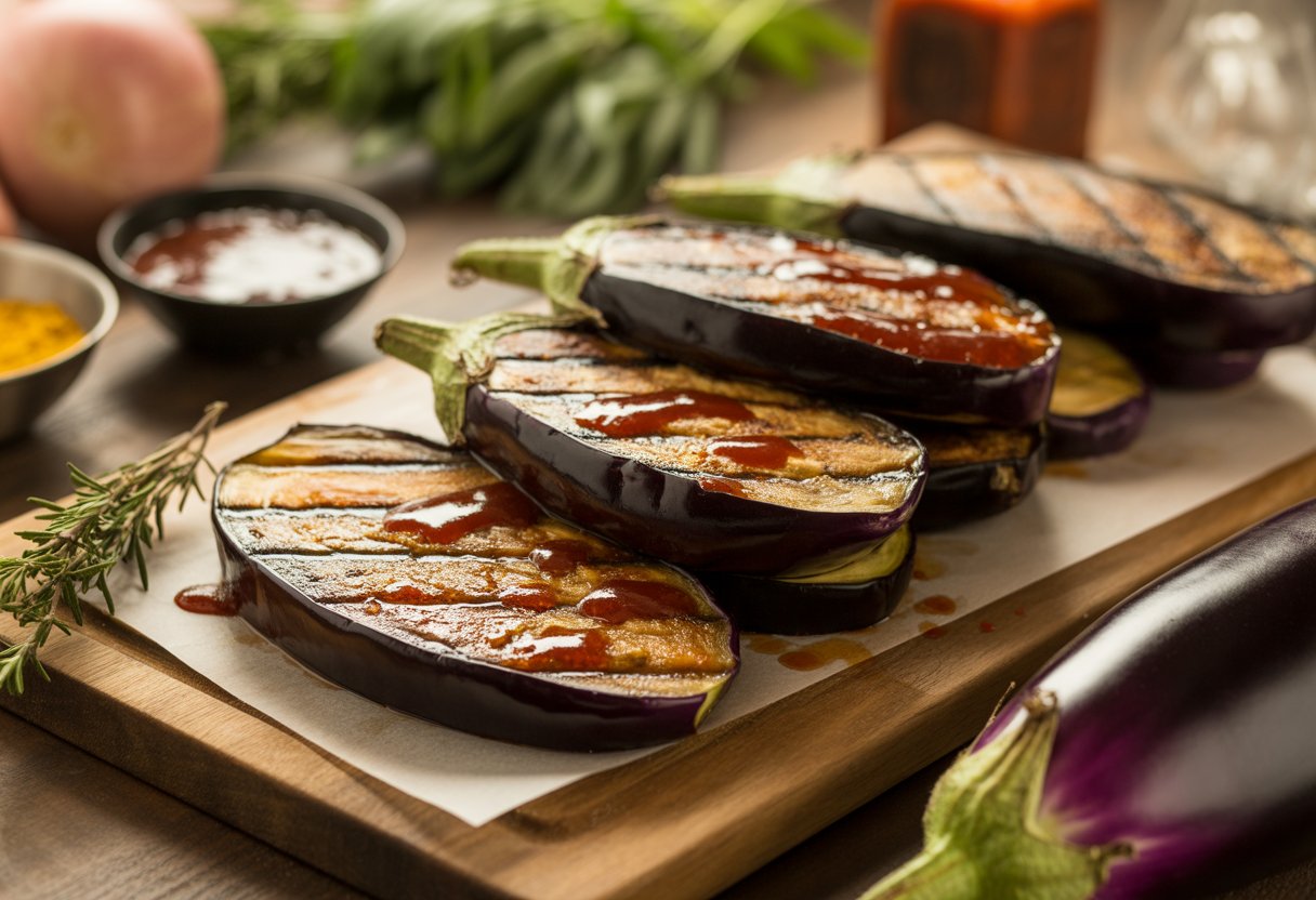 Close-up of grilled eggplant slices with BBQ glaze on a wooden cutting board surrounded by fresh eggplants, herbs, and spices.