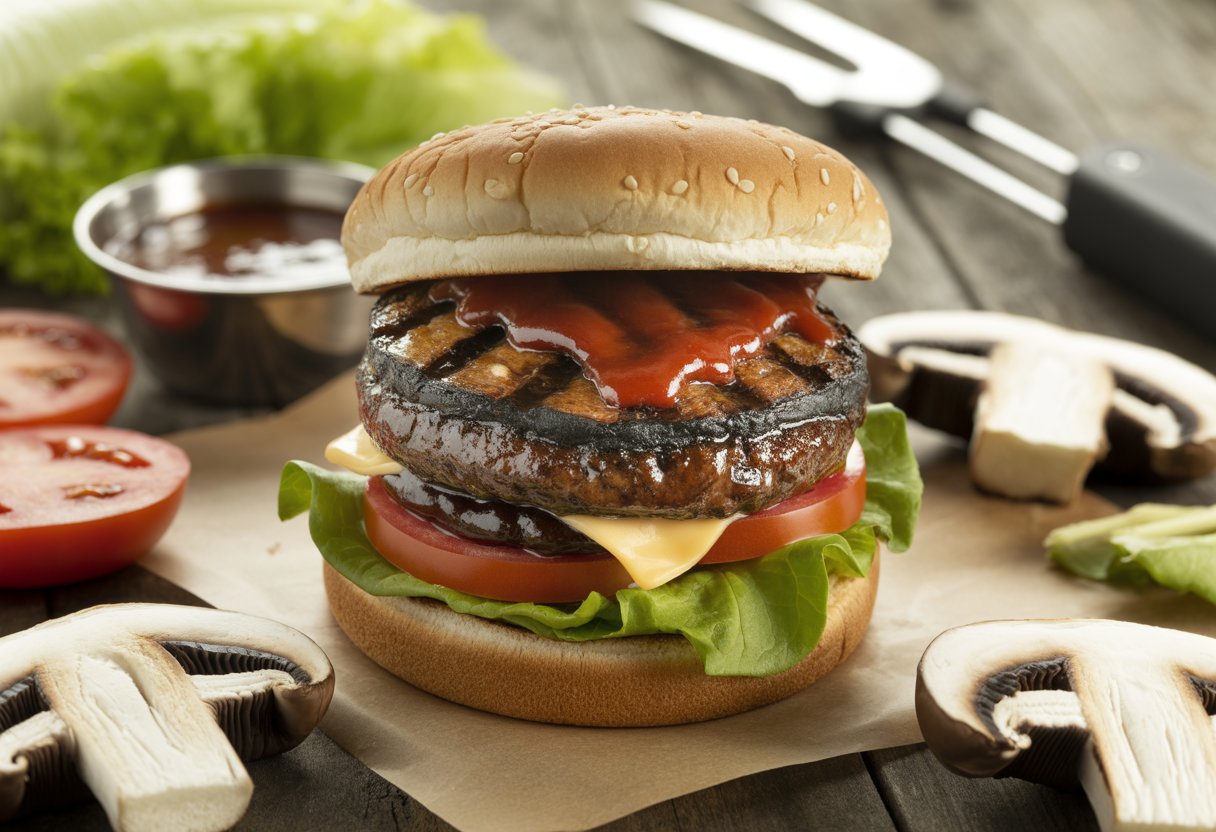 A close-up of a grilled BBQ Portobello mushroom burger with lettuce, tomato, cheese, and BBQ sauce on a toasted bun, surrounded by fresh ingredients on a wooden surface.