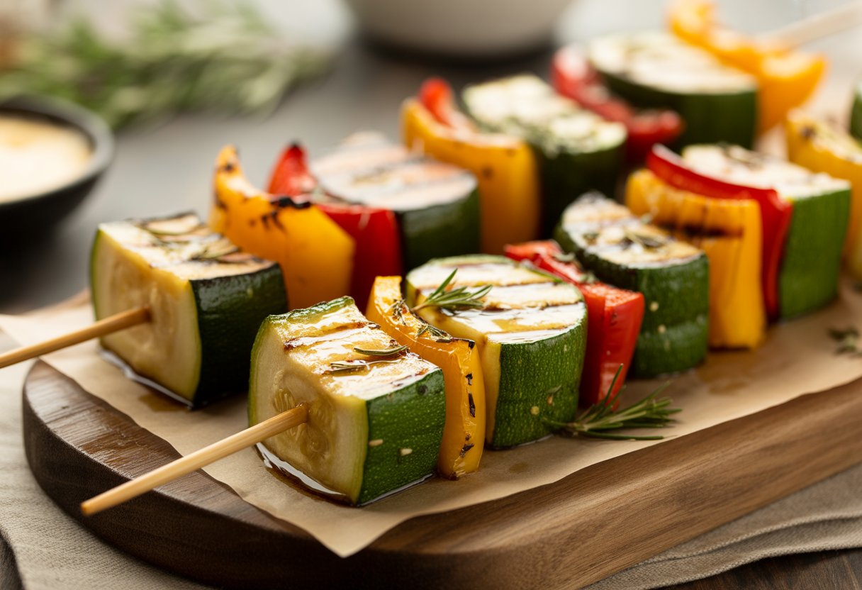 Grilled zucchini and colorful bell pepper skewers arranged on a wooden board with herbs.