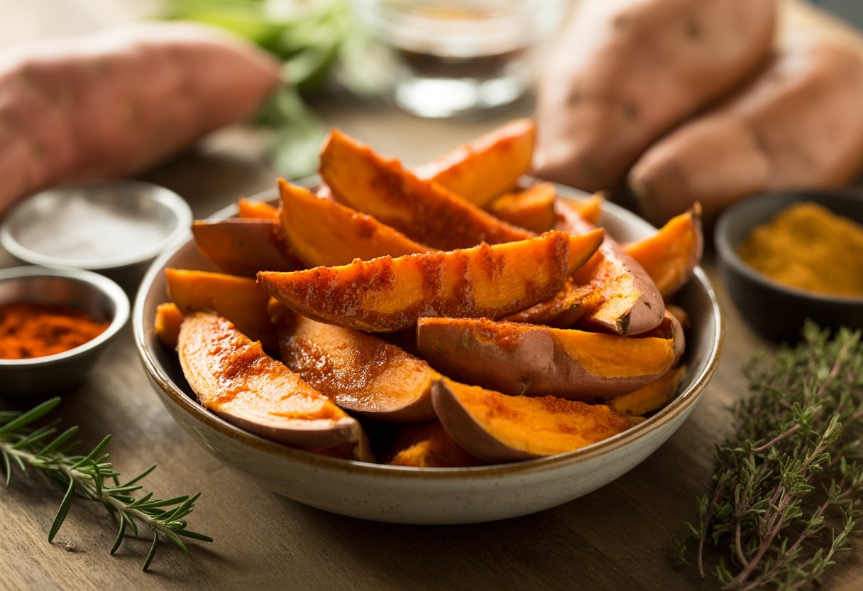 A bowl of BBQ sweet potato wedges seasoned with a spicy rub on a wooden table with fresh herbs and spices around it.