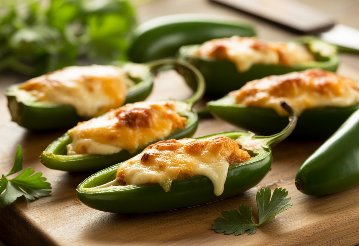 Close-up of smoked jalapeño halves stuffed with melted cheese on a wooden board with fresh jalapeños and herbs.