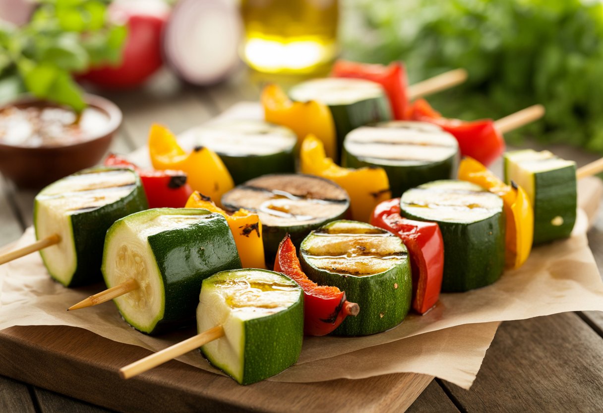 Grilled zucchini and bell pepper skewers arranged on a wooden board with a bowl of sauce and fresh herbs nearby.