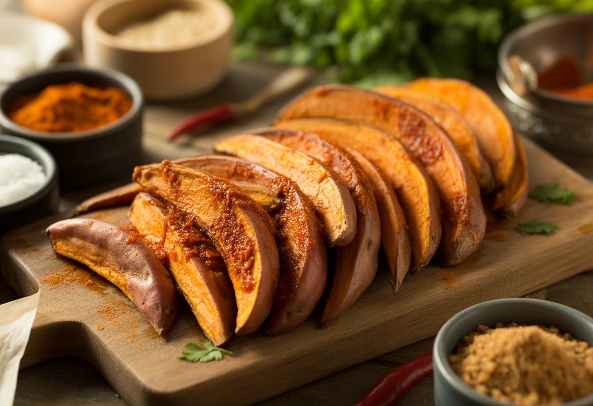 Close-up of seasoned BBQ sweet potato wedges on a wooden board with small bowls of spices and fresh herbs around them.