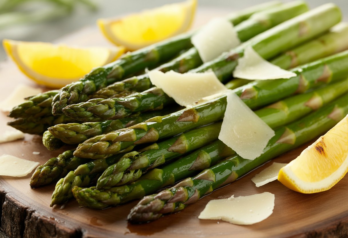 Grilled asparagus spears on a wooden board with lemon wedges and Parmesan cheese shavings.