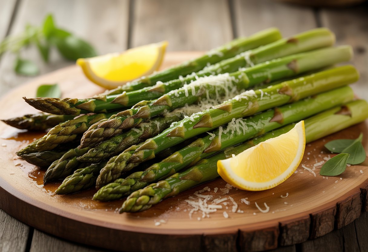Grilled asparagus with lemon wedges and grated Parmesan cheese on a wooden platter.