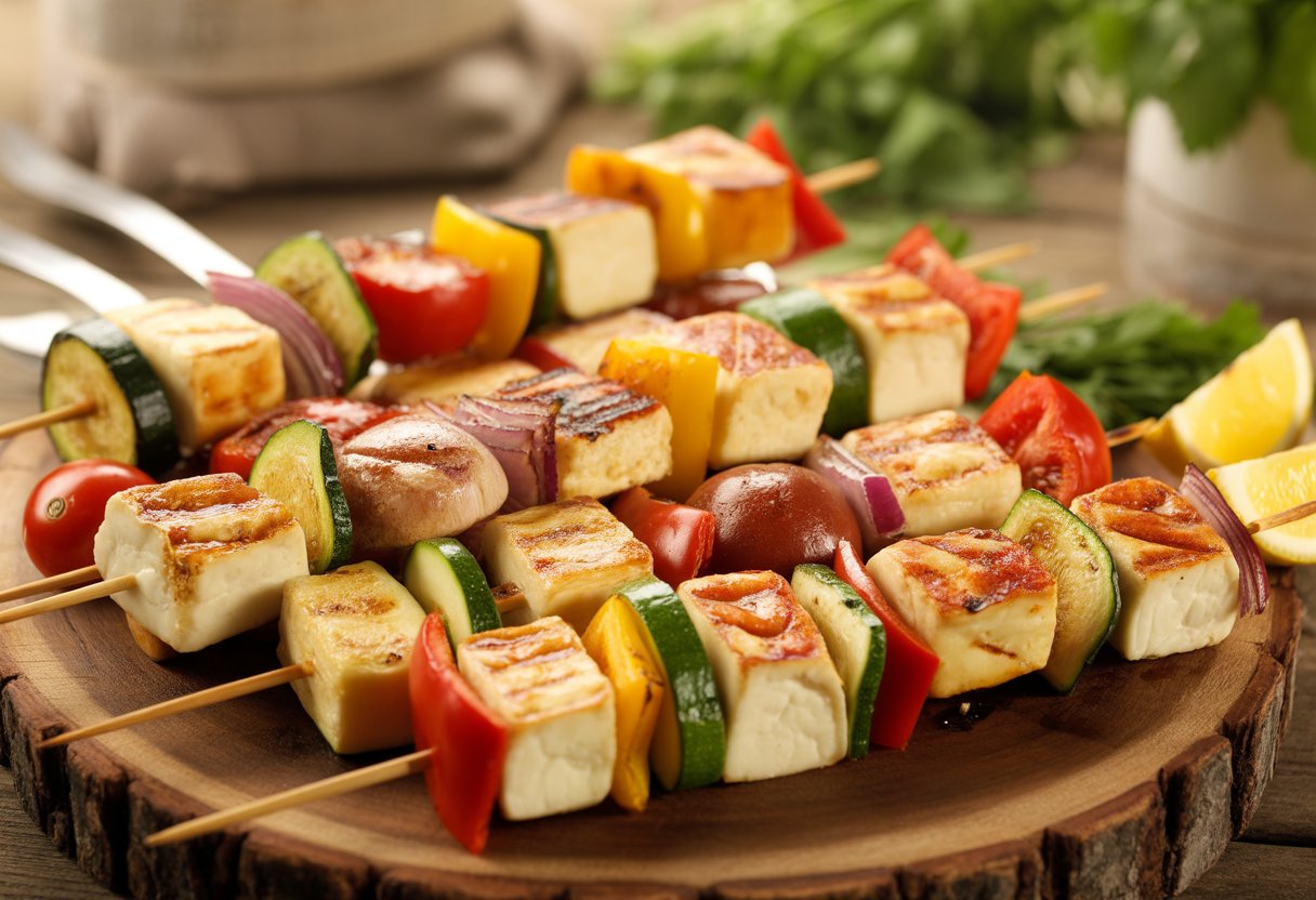 Grilled halloumi and vegetable kebabs with colorful vegetables on a wooden platter.