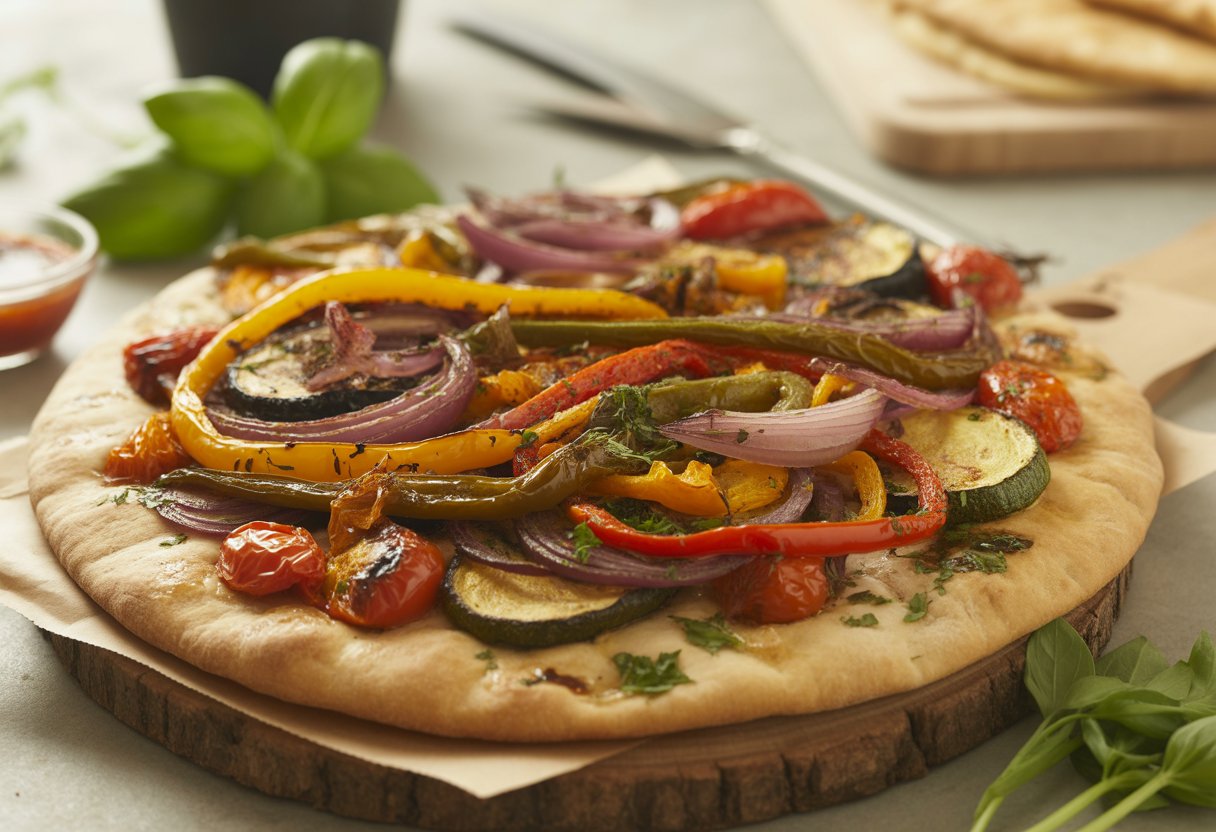 A BBQ flatbread topped with roasted vegetables on a wooden board.