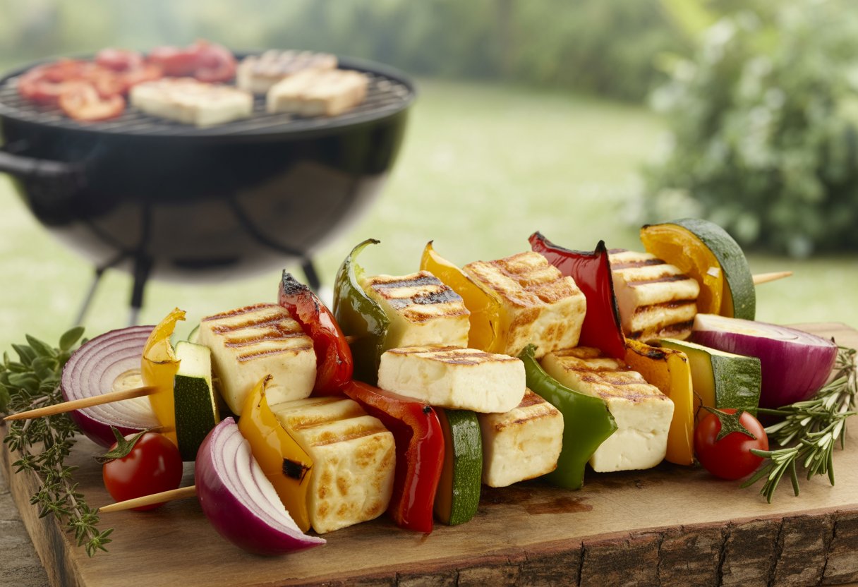 Grilled halloumi and vegetable kebabs on a wooden board with colorful peppers, onions, tomatoes, and zucchini.