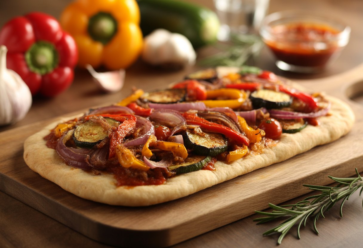 A BBQ flatbread topped with roasted vegetables on a wooden board surrounded by fresh ingredients.