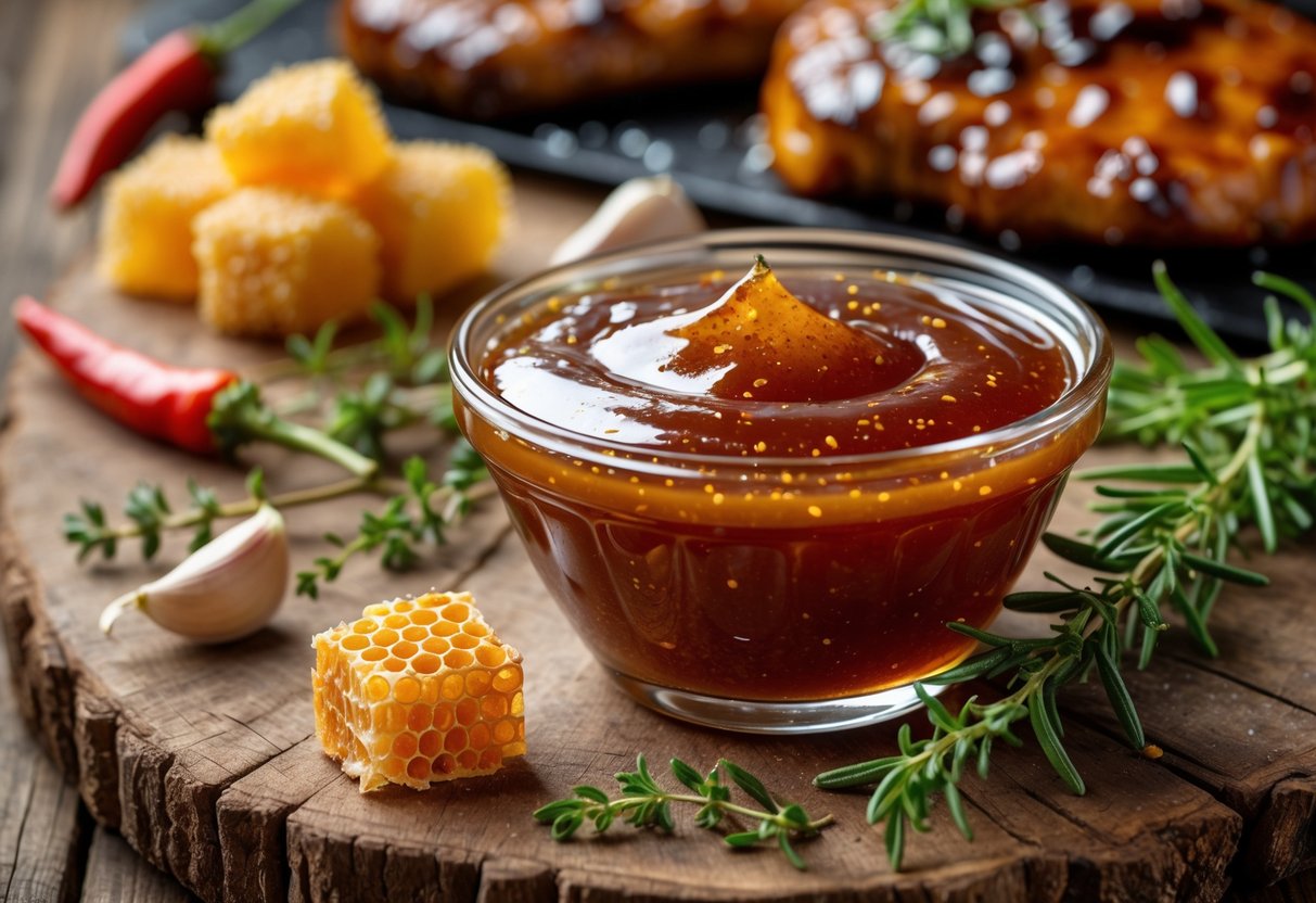 A bowl of glossy honey BBQ glaze on a wooden table surrounded by honeycomb, chili peppers, garlic, and herbs with grilled meat in the background.